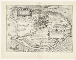 Kaart van het eiland Voorne en plattegrond van Brielle, 1572 Brillium, Holanda opp. a causa de la guerra holandesa interna, que en el año de la victoria de la Salvación 72 d.C. en el calor de abril, comenzó aquí, famoso (título sobre objeto) de Frans Hogenberg