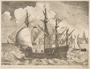 Cuatro mástiles armados saliendo al mar de Los barcos de vela, ca. 1555-56 de Frans Huys