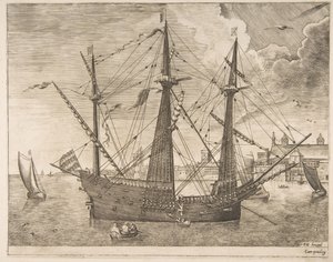 Barco armado de tres mástiles anclado cerca de una ciudad de Los barcos de vela de Frans Huys