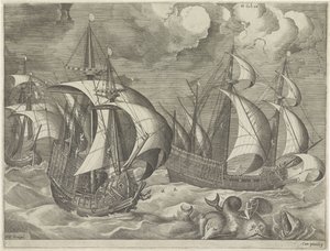 Tres buques de guerra, en primer plano Arion sobre un delfín Veleros (título de la serie) de Frans Huys