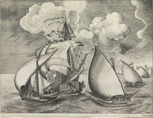 Una flota de galeras armadas acompañadas por un buque de guerra. Veleros (título de la serie)