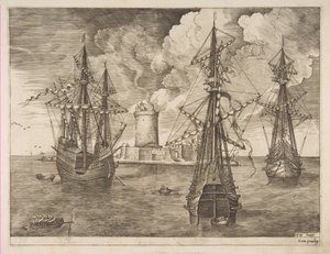 Cuatro mástiles a la izquierda y dos tres mástiles anclados cerca de una isla fortificada con un faro, 1561-65 de Frans Huys