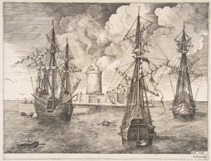 Cuatro-mástiles y Dos Tres-mástiles Anclados cerca de una Isla Fortificada de Frans Huys