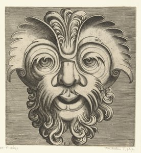 Máscara con barba y bigote con rizos, un mechón de rizos descansa sobre la raíz de la nariz Pourtraicture ingenieuse de plusieurs facons de masques… (título de la serie)