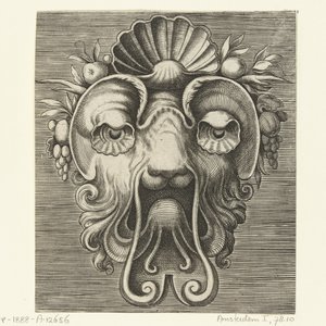 Máscara con ojos en forma de concha y una concha entre racimos de frutas en la frente Pourtraicture ingenieuse de plusieurs facons de masques… (título de la serie)