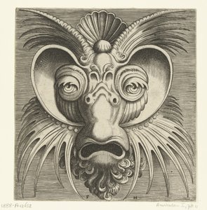 Máscara con platillos alrededor de los ojos y crestas puntiagudas en las mejillas y la frente. Pourtraicture ingenieuse de plusieurs facons de masques… (título de la serie)