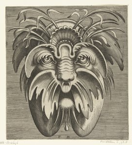 Máscara con mejillas caídas y bigote, hay hierbas en el cabello. Pourtraicture ingenieuse de plusieurs facons de masques… (título de la serie)