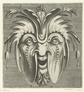 Máscara con mejillas caídas y racimos de bayas en el pelo
Pourtraicture ingenieuse de plusieurs facons de masques... (título de la serie) de Frans Huys