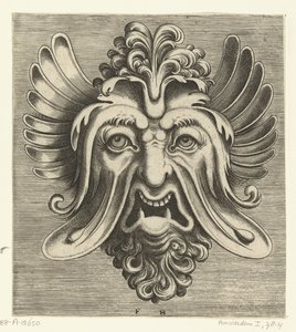 Máscara con mejillas caídas, dos dientes inferiores puntiagudos y un mechón de rizos que descansan sobre la raíz de la nariz. Pourtraicture ingenieuse de plusieurs facons de masques… (título de la serie) de Frans Huys