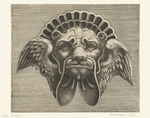 Máscara con alas en lugar de orejas y tocado en forma de concha Pourtraicture ingenieuse de plusieurs facons de masques… (título de la serie)