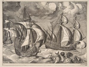 Tres carabelas en una tormenta creciente con Arion en un delfín de Los barcos de vela, 1561-65 de Frans Huys