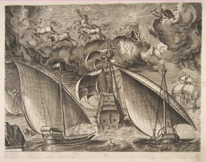 Dos galeras navegando detrás de un tres mástiles armado con Faetón y Júpiter en el cielo, 1561-65 de Frans Huys