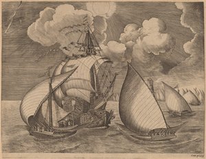 Una flota de galeras escoltada por una carabela de Frans Huys after Pieter Bruegel the Elder