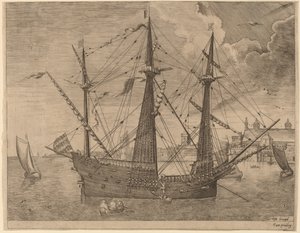 Tres mástiles armados anclados cerca de una ciudad de Frans Huys after Pieter Bruegel the Elder