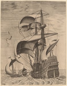 Tres mástiles armados en el mar abierto, acompañados por una galera de Frans Huys after Pieter Bruegel the Elder