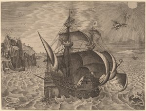 Tres mástiles armados con Dédalo e Ícaro en el cielo de Frans Huys after Pieter Bruegel the Elder