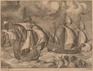 Tres carabelas en una tormenta creciente con Adrion en un delfín de Frans Huys after Pieter Bruegel the Elder