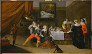Escena social con una imagen de Danae en el fondo de Frans III Francken