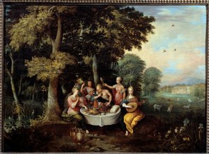 Los cinco sentidos: jóvenes mujeres en un paisaje con banquete (gusto), música (oído), espejo (vista), ramo de flores (olfato) y caricia (tacto). Pintura de Franz (Frans) Francken II el Joven (1581-1642) de Frans II Francken