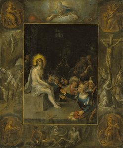 La Burla de Cristo, en un entorno grisaille que representa a Dios Padre, los Evangelistas, La Crucifixión, La Resurrección y El Diablo y la Muerte con la Serpiente Coronada de Frans II the Younger Francken