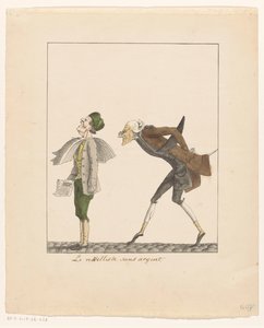 El hombre intenta leer el periódico desde la parte de atrás de un repartidor de periódicos Le nouvelliste sans argent (título sobre objeto) de Frans Jan baron van Heeckeren