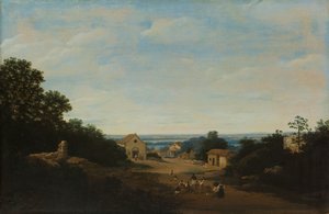 Paisaje brasileño con el pueblo de Igaraçú. A la izquierda la iglesia de los Santos Cosme y Damián de Frans Post
