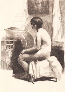 Modelo femenina desnuda, sentada en una habitación