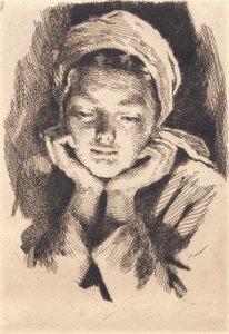 Joven mujer con gorro, de frente, apoyando la cabeza en las manos. Retrato de busto de Frans Schwartz