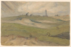 Paisaje de dunas con el faro y las redes