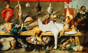 Un puesto de carnicero con gatos y gatitos jugando y un carnicero sosteniendo una cabeza de jabalí de Frans Snyders or Snijders