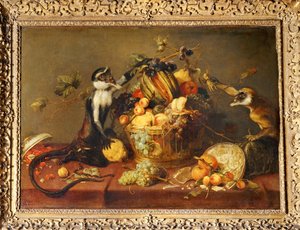 Dos monos asaltando una cesta de fruta ... de Frans Snyders