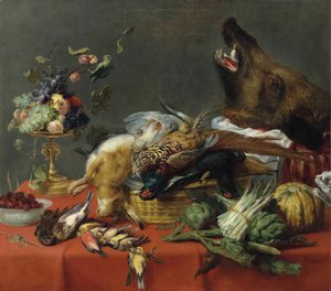 Mesa drapeada cargada de caza, frutas, verduras y una cabeza de jabalí. de Frans Snyders