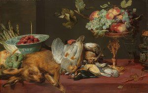 Naturaleza muerta con caza menor y frutas