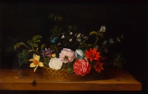 Flores en una cesta con insectos en un borde de Frans Ykens