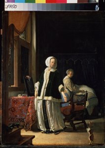 La mañana de una mujer joven. (La mañana de una señorita). Una mujer y su criada observan a un perro acicalarse. Pintura de Frans van Mieris de Oudere llamada Frans Mieris el Viejo o el Viejo (1635-1681), hacia 1660. Óleo sobre madera. arte holandés, orzue de Frans van Mieris