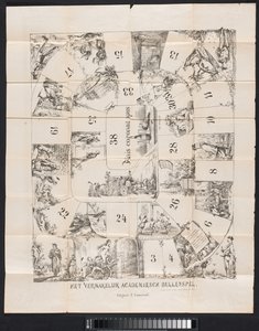 Caricatura en el almanaque estudiantil de Leiden, 1874 El entretenido juego de matones académicos (título sobre el objeto) de Fransen van de Putte