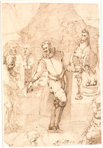 Hombre de pie con traje del siglo XVI, en una habitación, entre dos mesas con esculturas y un reloj, monedas, etc., y siete u ocho personas más de Frantz Cleyn