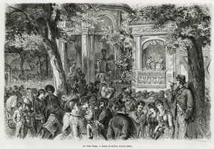 El Volks Prater: parte popular del prater principal, que ofrece numerosas distracciones, circo, orquesta y espectáculo de marionetas. Grabado de Kollarz, para ilustrar la historia Viena y sus suburbios, por M. Newlinski, en 1881, publicado en el Tour du mo de Franz (after) Kollarz