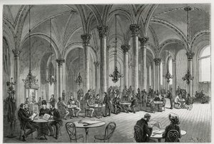 El café central en Viena (Austria). Ilustración de la historia Viena y sus suburbios, por M. Newlinski, en 1881, publicado en Le tour du monde, bajo la dirección de Edouard Charton (1807-1890)