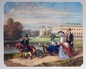 El paseo de la Gran Duquesa María Alexandrovna de Rusia (1853-1920). En un pequeño tiro tirado por un poni, pasea por el parque de Tsarkoye Selo, residencia de verano de la familia imperial en San Petersburgo. Obra de Franz Teichel (1816 de Franz (after) Teichel