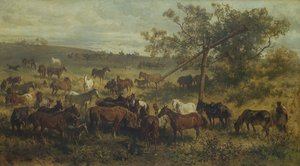 Caballos en un abrevadero