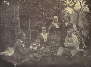 [Tres mujeres, dos hombres y un niño en un picnic], 1850s-60s