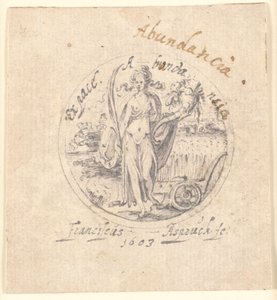 La abundancia como una figura femenina de pie con un cuerno de la abundancia y la palma de la paz. Enmarcado circularmente de Franz Aspruck