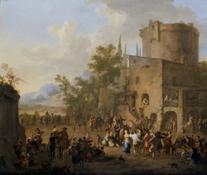 Una vista de la ciudad italiana con figuras bailando el Saltarello de Franz Ferg