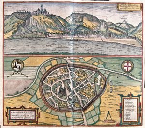 Ilustración precisa de la ciudad de Munstermaifeld en Maifeld, Alemania de Franz Hogenberg