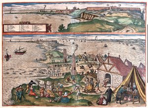 Cádiz, España. (Arriba: la capilla de San Sebastián, abajo: la industria de pesca de atún de Cádiz. En el centro, las torres de vigilancia (grabado)