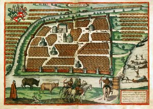 Mapa de Moscú (Rusia) - Obra de Frans Hogenberg (1535-1590), grabado y acuarela extraídos del terrario Civitates orbis de Franz Hogenberg