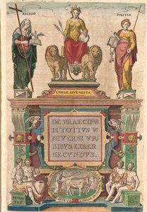 Frontispicio del segundo volumen: Cibeles en un carro tirado por leones, rodeada de Religión y Política, sobre las deidades Penates y Lares de Franz Hogenberg