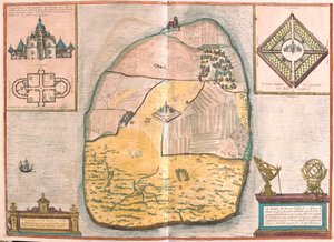 Isla de Ven y Uranienborg, el palacio y observatorio de Tycho Brahe en esta isla, en el Sund (grabado) de Franz Hogenberg