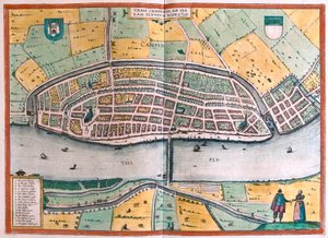 Kampen y el río IJssel o Yssel, Países Bajos (Grabado) de Franz Hogenberg
